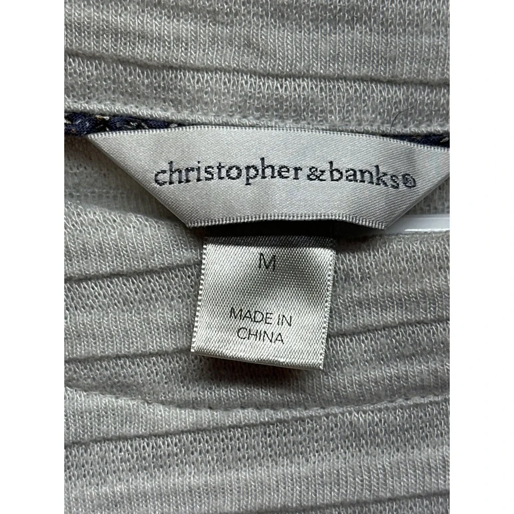 Christopher &Banks striped long sleeve button shoulder women medium gray sweater